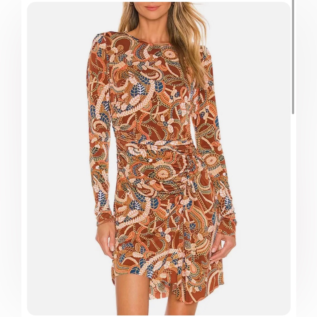 Nwt $460 Alc Maryn Printed Gathered Ruched Patterned Long Sleeved Dress, Brown